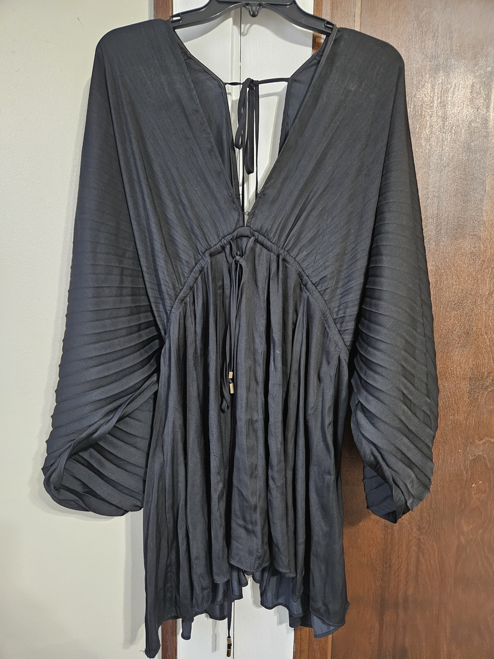 Free People Black Pleated V-Neck Tie-Back Dress